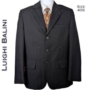 Luighi Balini Blazer Suit Jacket 40S Black Gray Pinstripe Wool Vintage Tailored